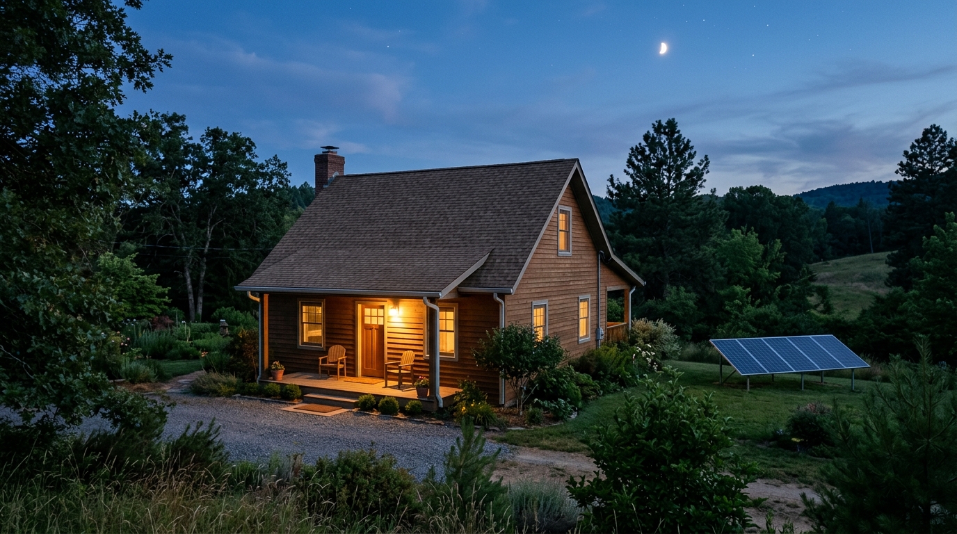 House at dusk with a solar panel in the yard