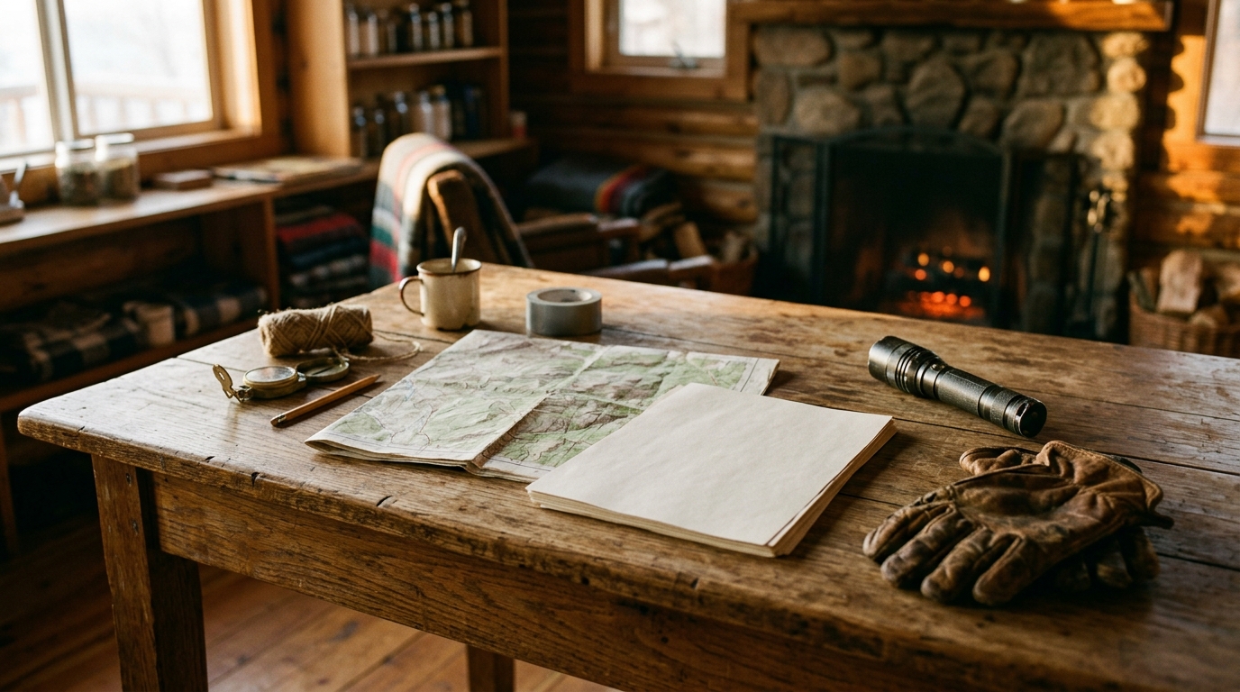 Notes and a planning sheet spread across a home table