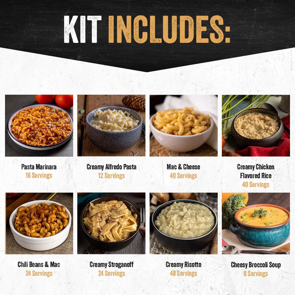Contents of the 3-Month Emergency Food Supply, showing the emergency kit food variety of entrees, breakfasts, and drinks included