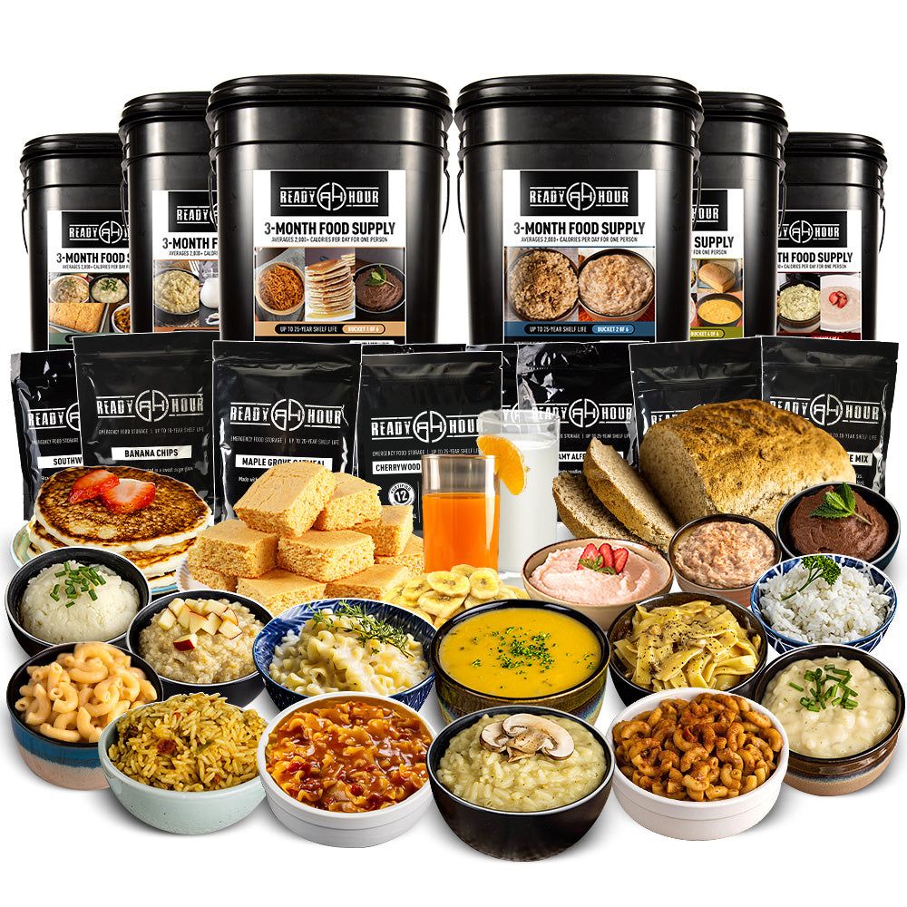 3-Month Emergency Food Supply kit, an emergency kit food supply of sealed buckets by Ready Hour Food