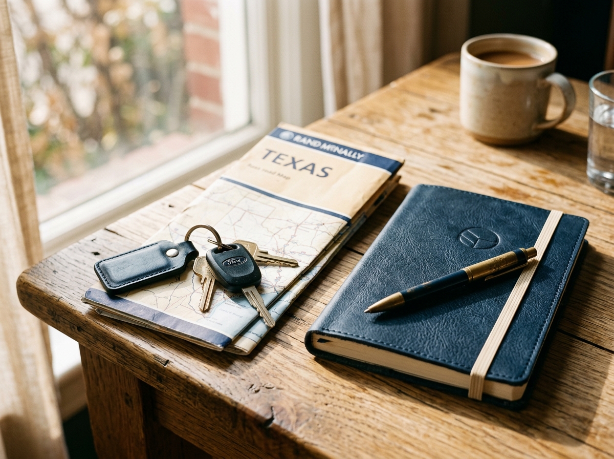Texas map, car keys and notebook on a table
