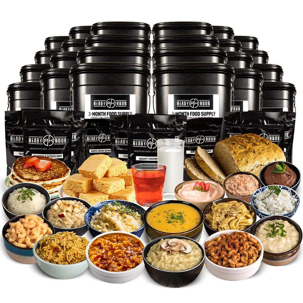 The 1-Year Emergency Food Supply: 24 stackable Ready Hour buckets with meal pouches and prepared dishes