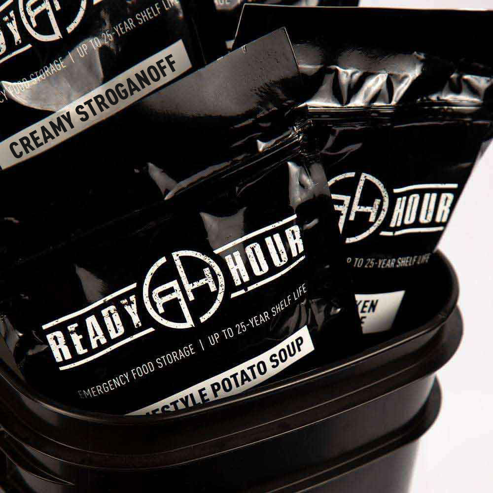 Ready Hour meal pouches inside a storage bucket: resealable 4-layer pouches with oxygen absorbers