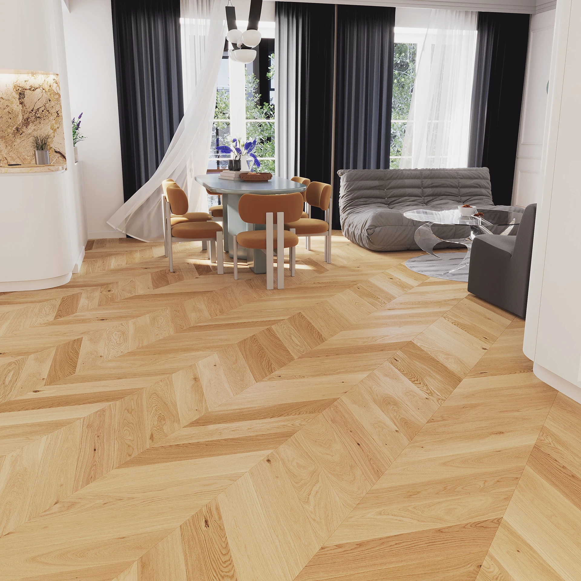 Dub BRIGHT Chevron 1WV000006 - Třívrstvá dřevěná podlaha
