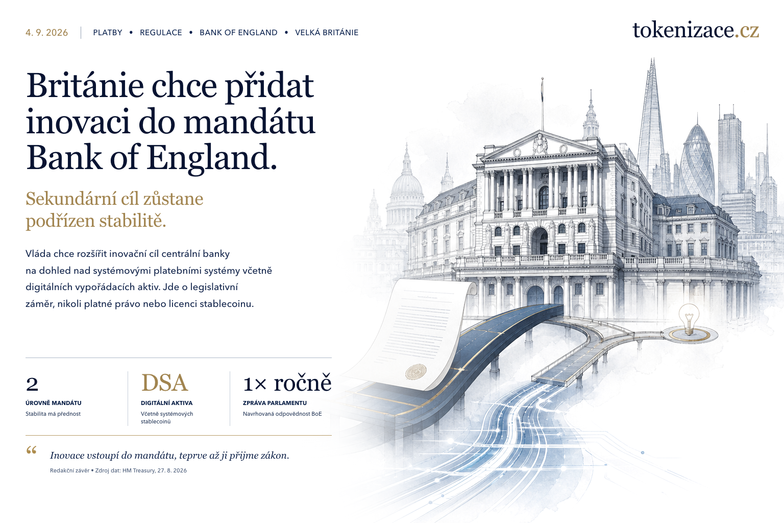 Bank of England má dostat inovační cíl pro systémové platby. Stabilita zůstává nadřazená