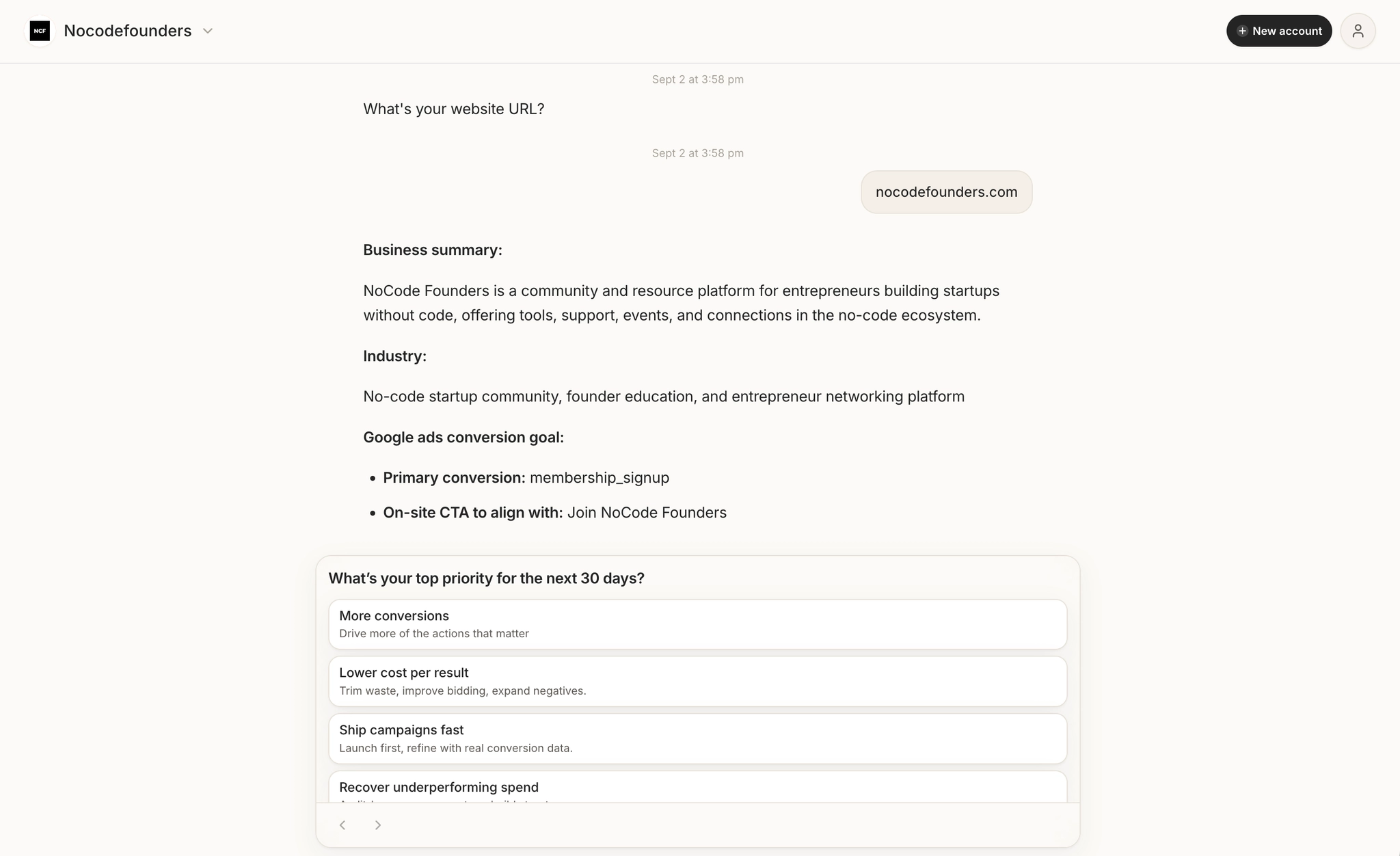 Betatron onboarding chat after adding your website URL