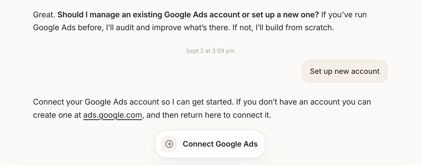Betatron Google Ads account connection screen