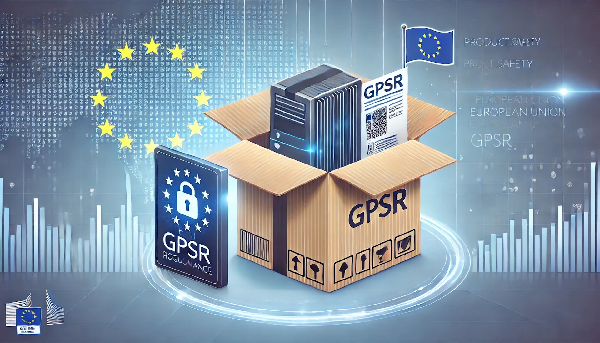 Krabice s označením GPSR, symboly EU a bezpečnosti výrobků