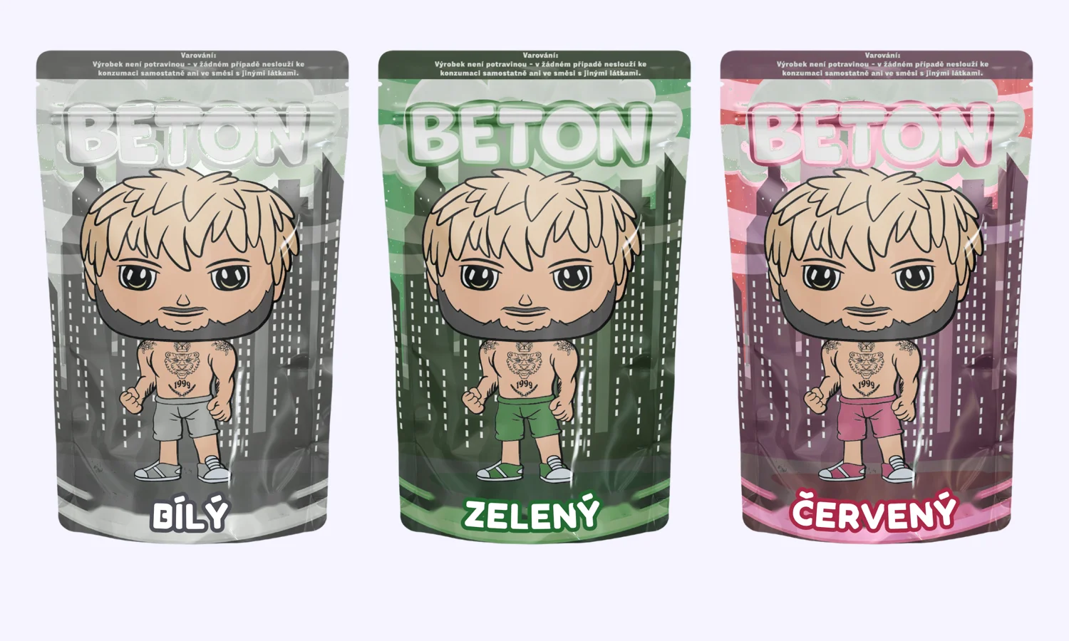 Tři varianty sáčků Beton: Bílý, Zelený, Červený