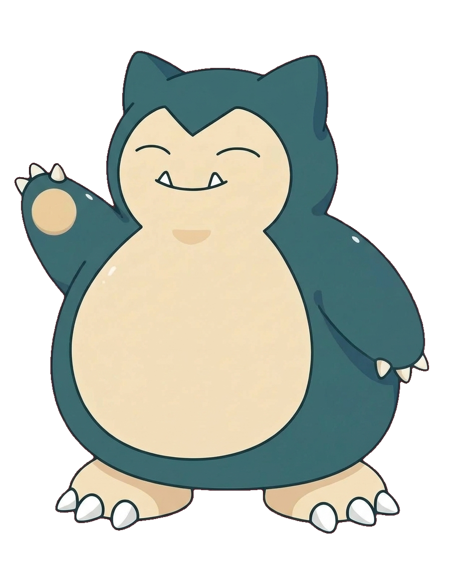 Maskot PokeTrack: Snorlax s červenou kšiltovkou s písmenem P, mává
