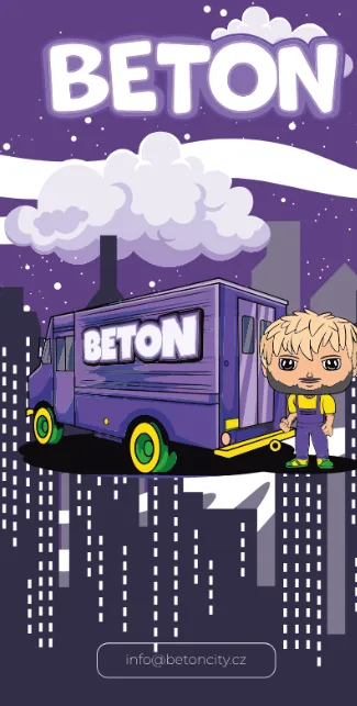 Fialové noční město s dodávkou BETON a maskotem