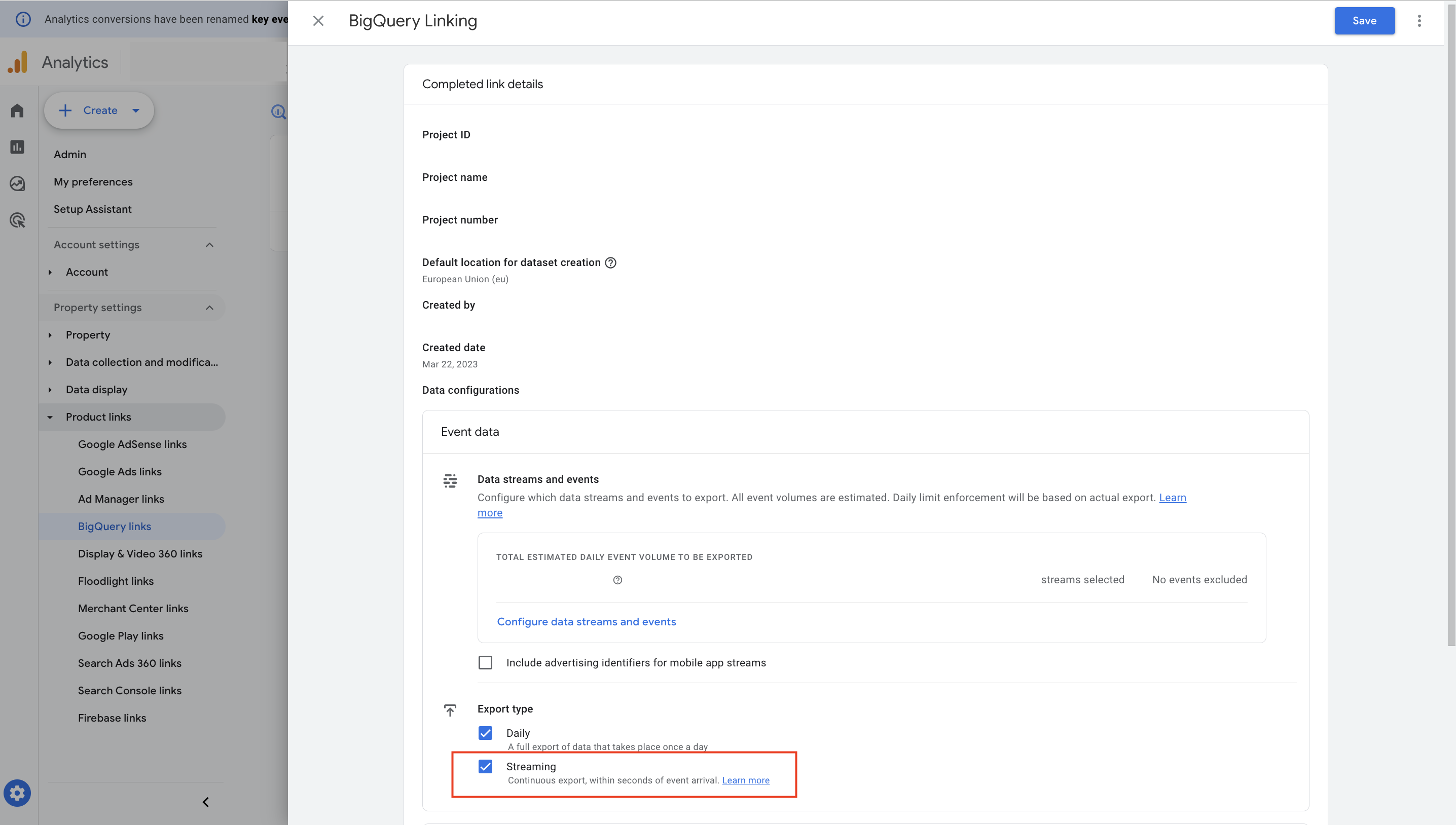 BigQuery Linking settings in Google Analytics 4 showing Streaming export type enabled