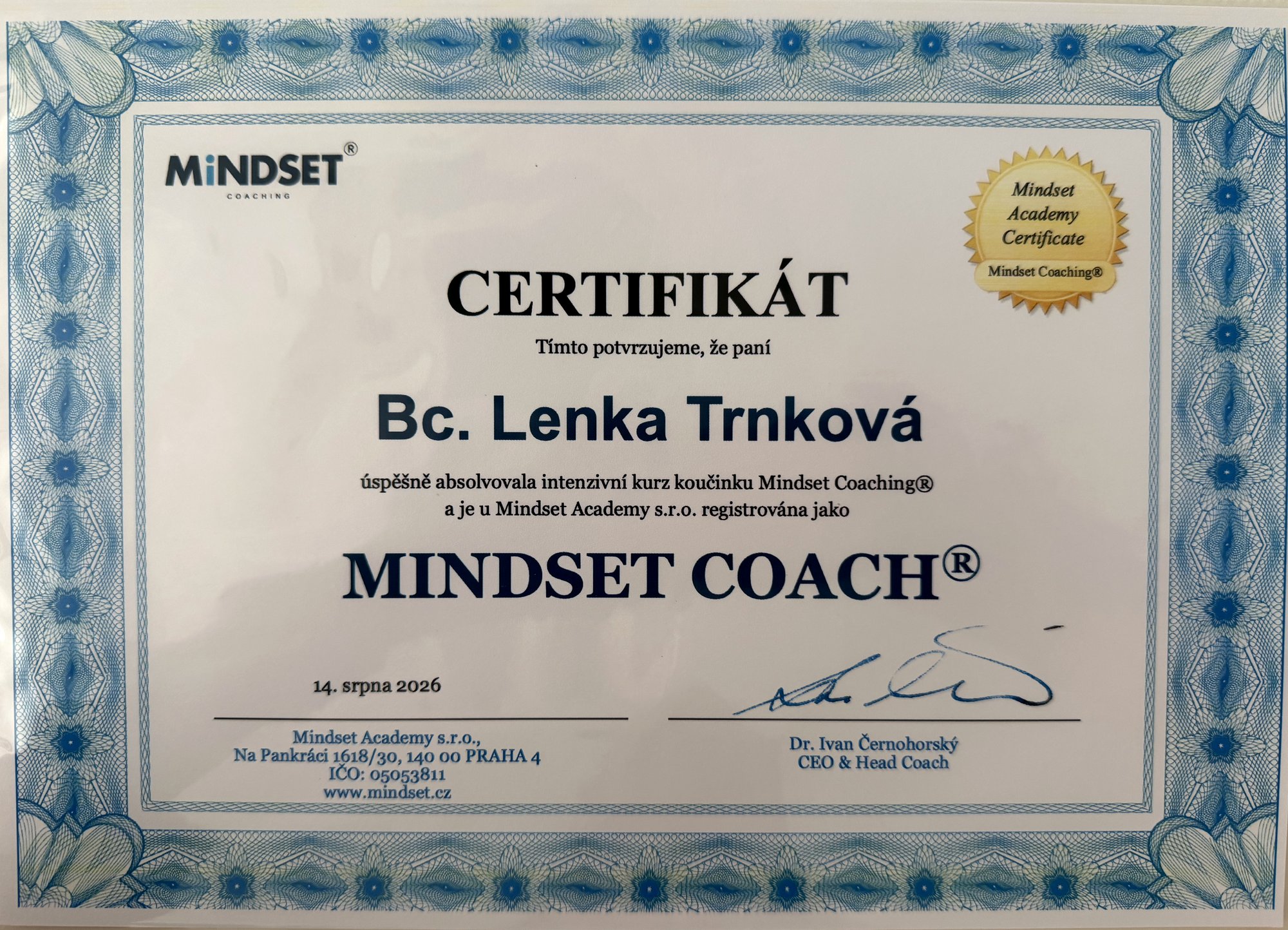 Certifikát Mindset Coach® – Bc. Lenka Trnková, Mindset Academy