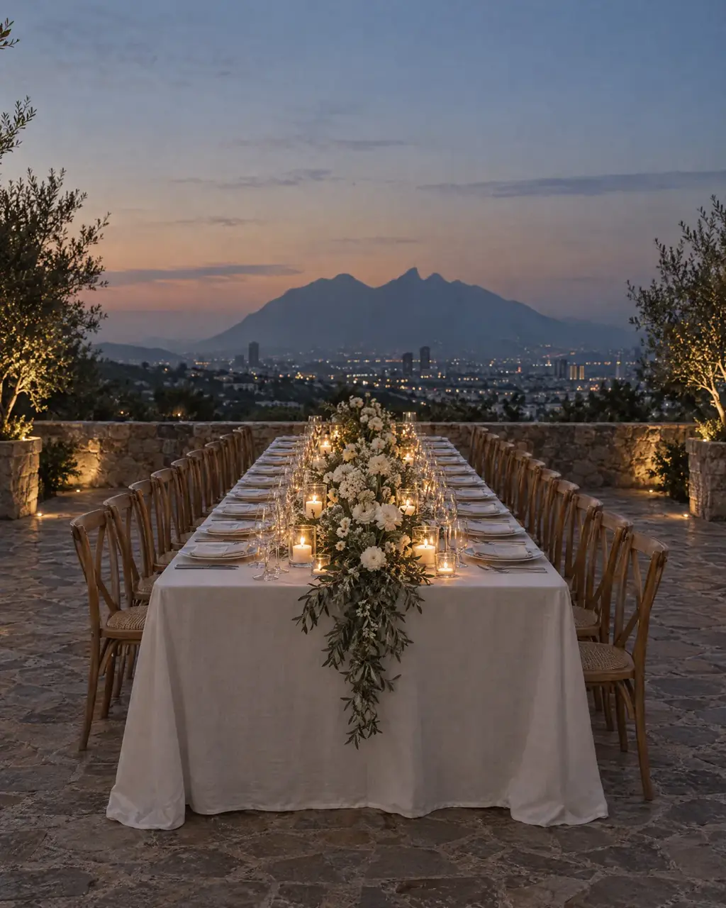 Referencia de estilo: cena de boda íntima en una terraza al anochecer con el Cerro de la Silla al fondo
