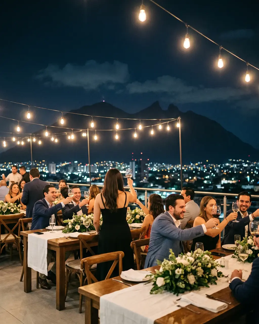 Referencia de estilo: cena de fin de año de una empresa en una terraza con vista a Monterrey