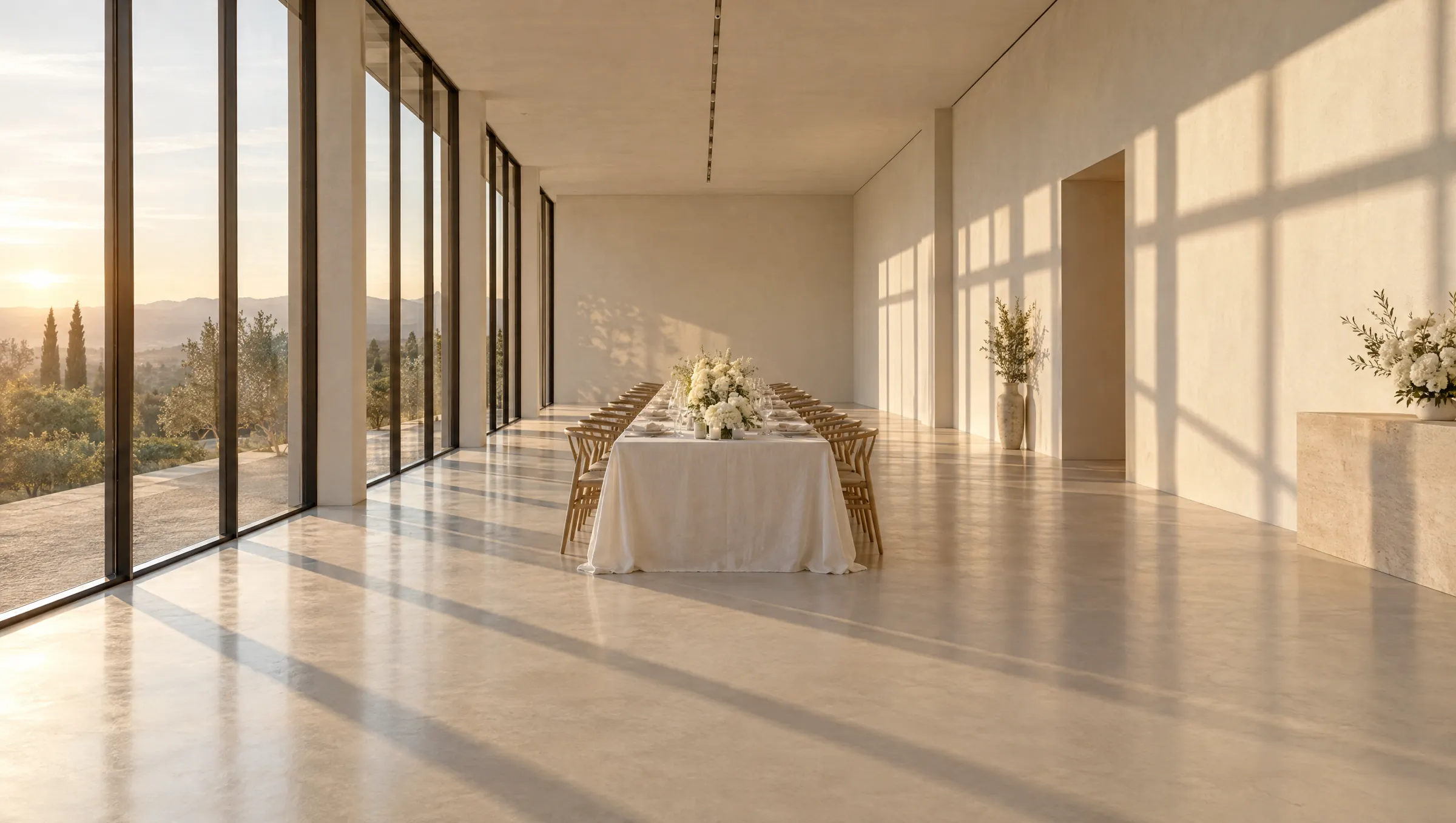 Referencia de estilo: salón con ventanales y una mesa larga bajo la luz de la tarde