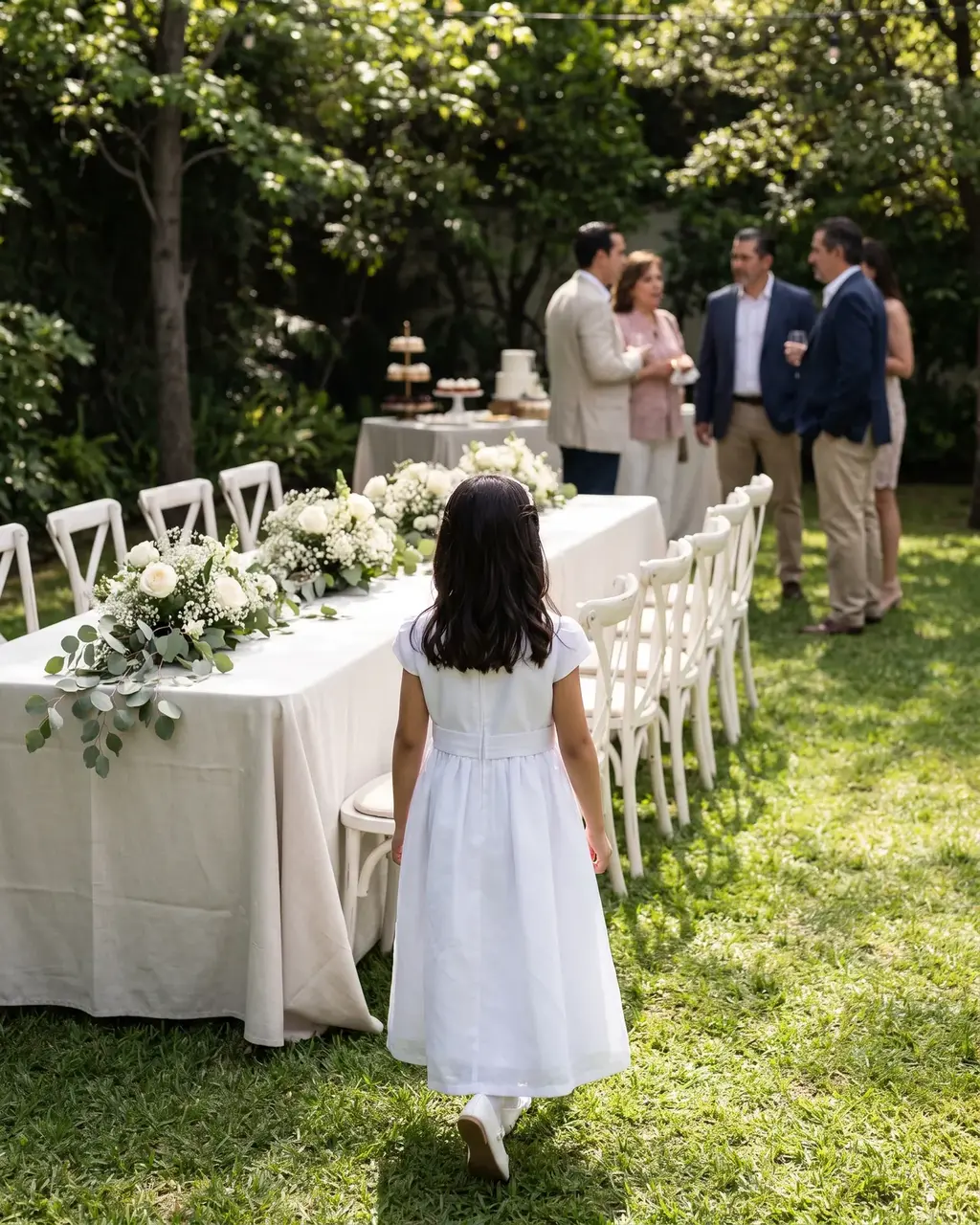 Referencia de estilo: primera comunión en un jardín con mesa larga en blanco y verde