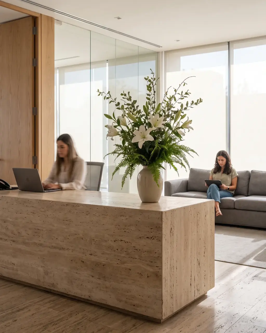 Referencia de estilo: arreglo de flores de temporada en la recepción de una oficina