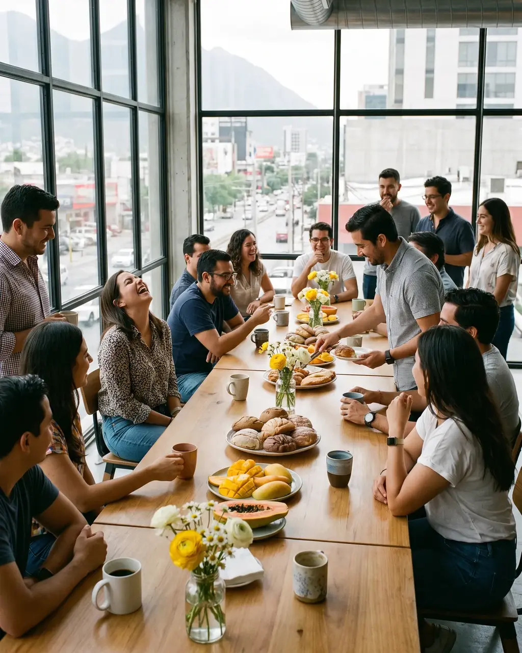 Referencia de estilo: desayuno de equipo con flores en un espacio de trabajo
