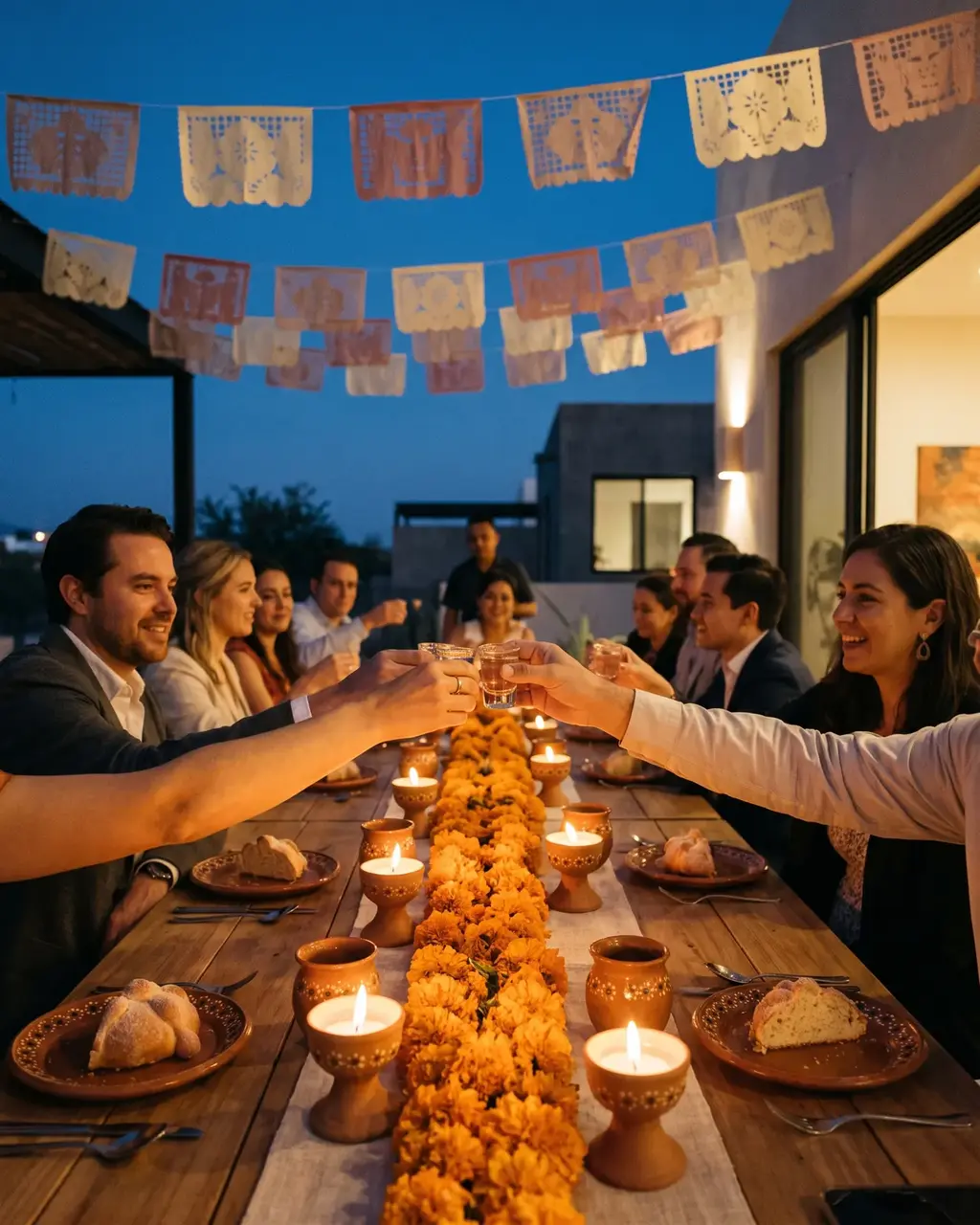 Referencia de estilo: cena temática de Día de Muertos con cempasúchil, velas y papel picado