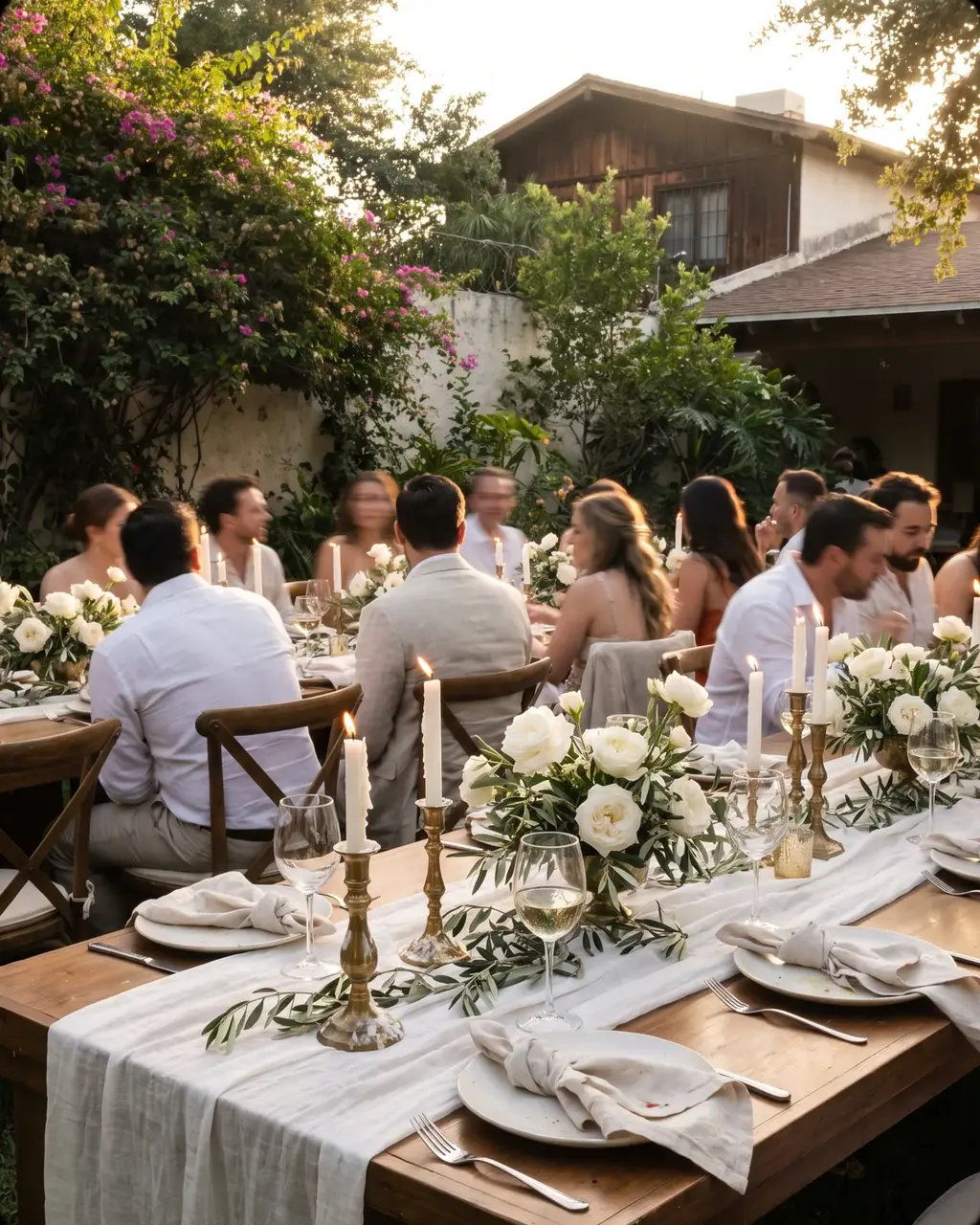 Referencia de estilo: cena de boda en un jardín al atardecer con rosas blancas y velas