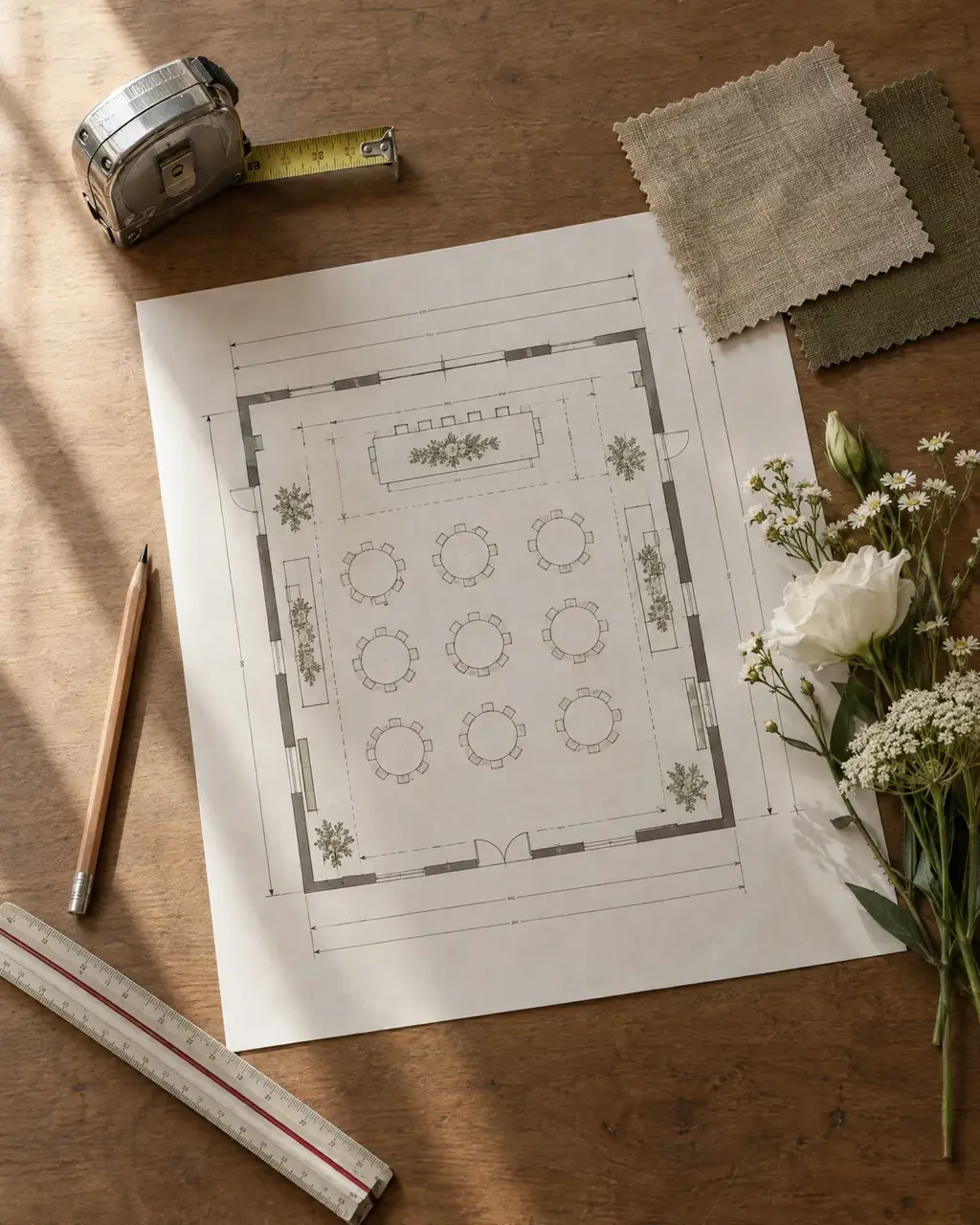 Referencia de estilo: plano de montaje sobre la mesa de trabajo con cinta métrica y muestras de lino
