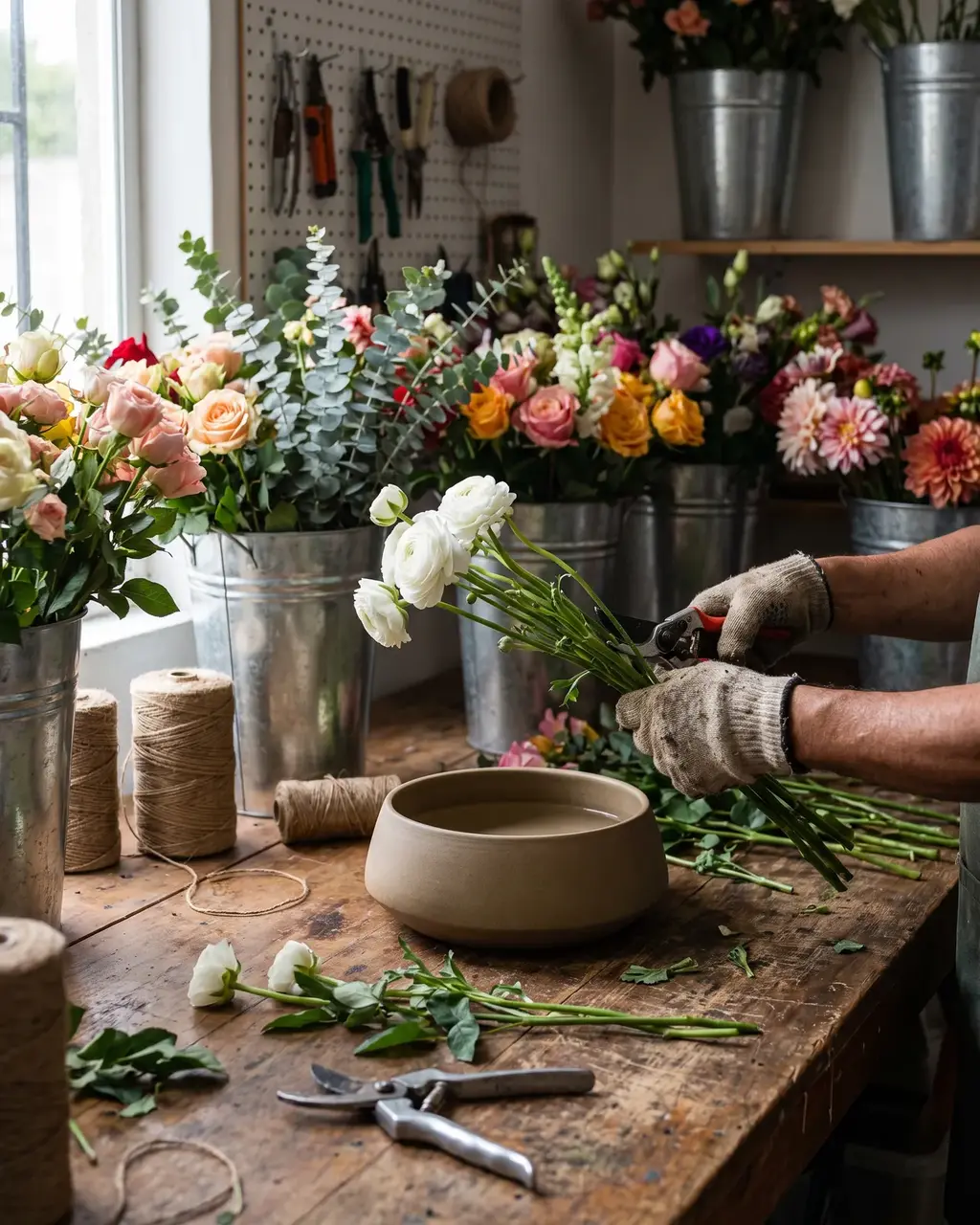 Referencia de estilo: manos armando un arreglo de ranúnculos en un taller de flores
