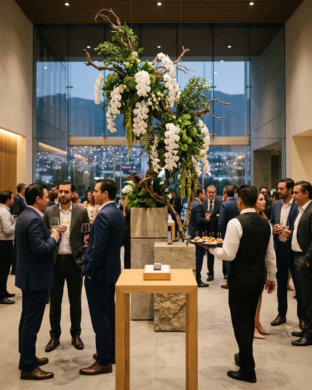 Referencia de estilo: lanzamiento de producto en el lobby de un edificio con instalación de orquídeas