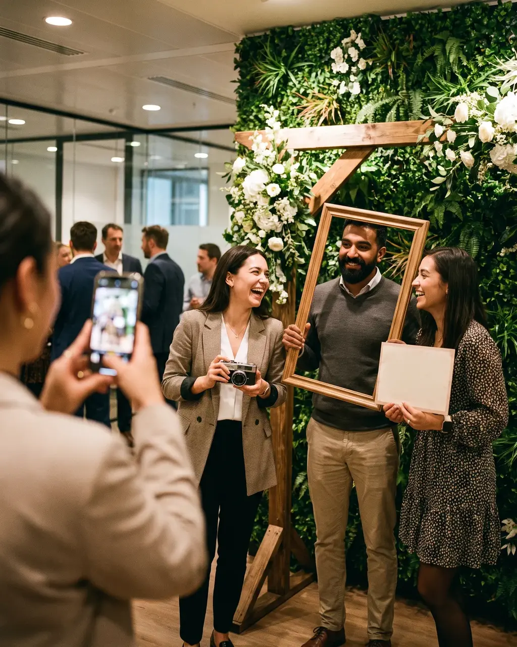 Referencia de estilo: photocall con muro verde y marco de madera en una fiesta de empresa