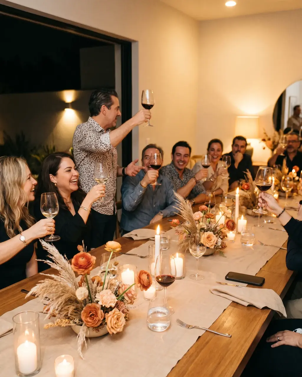 Referencia de estilo: cena de cumpleaños en casa con amigos brindando