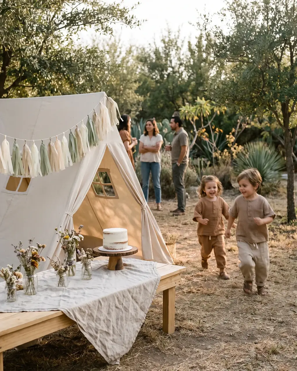 Referencia de estilo: fiesta infantil en un jardín con tienda de lona y colores suaves