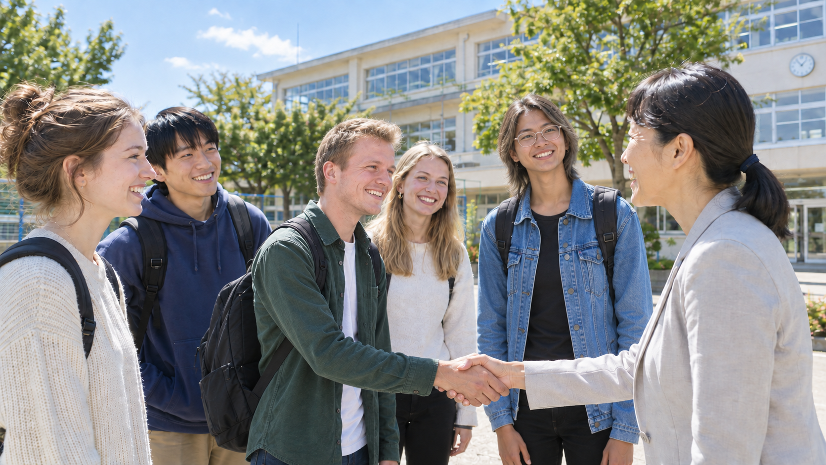 International university students greeting a Japanese schoolteacher in front of a Japanese elementary school