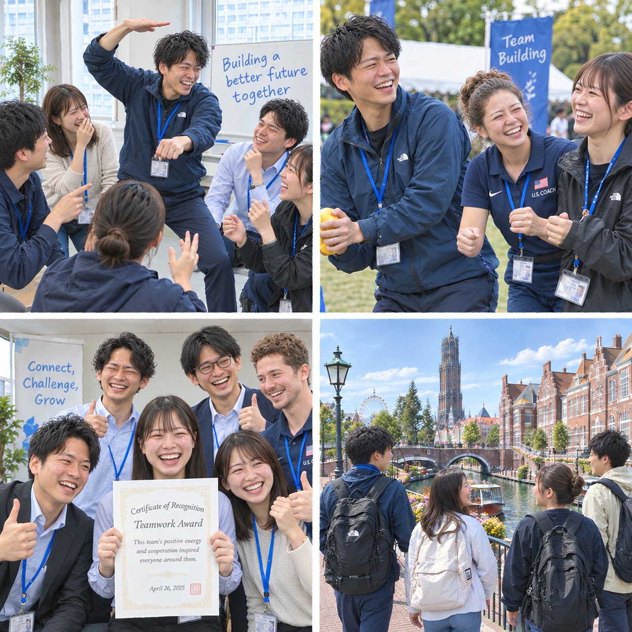 Program scenes: a charades game, team activities, an award ceremony, and touring the park