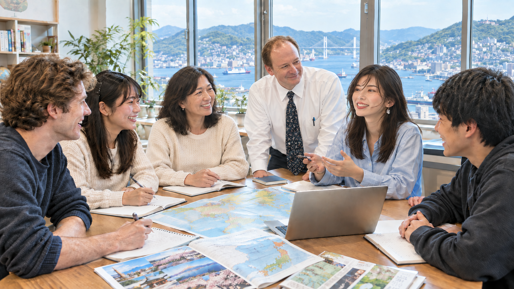 American and Japanese educators planning exchange programs together around a table with maps