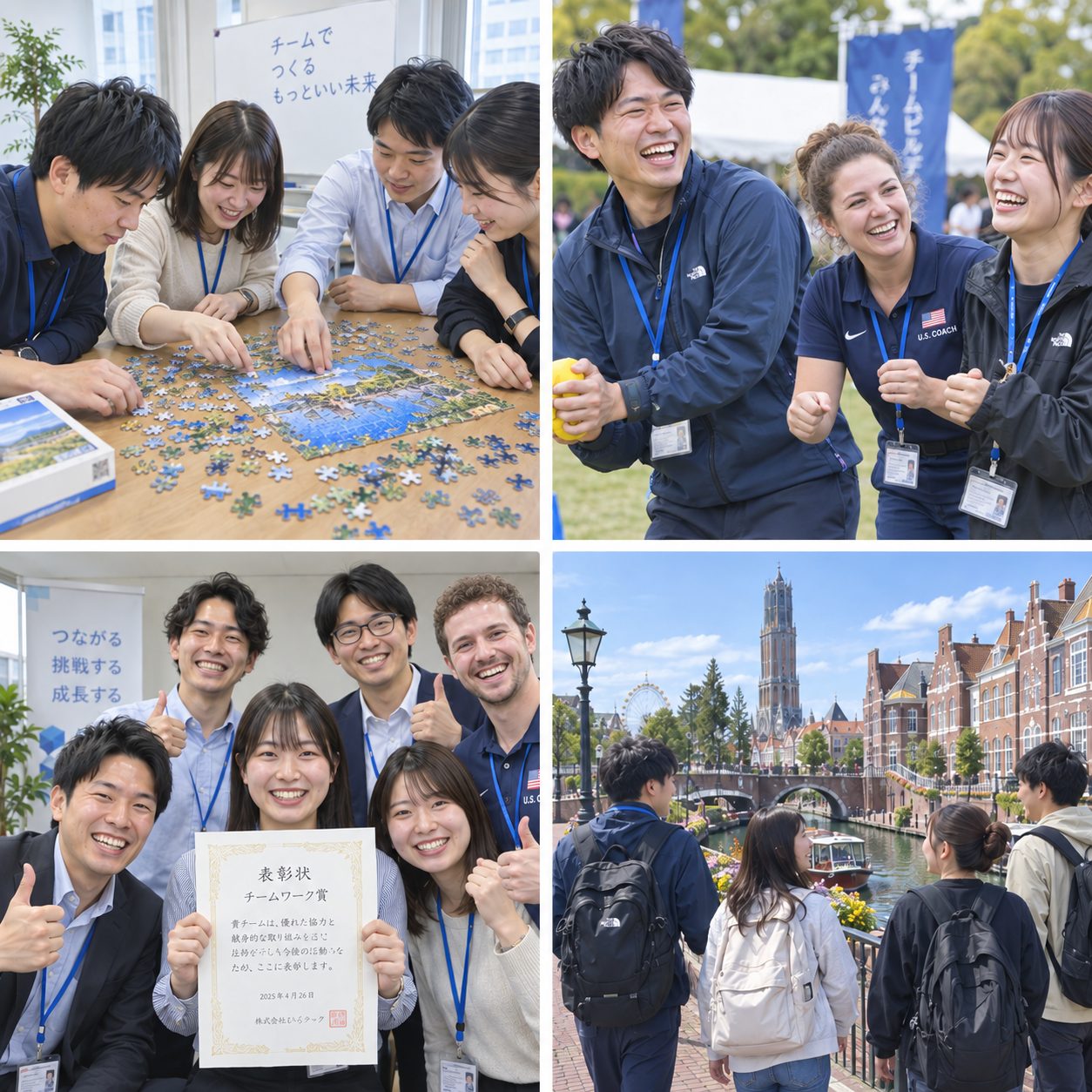 Program scenes: a puzzle challenge, games, an award ceremony, and touring the park