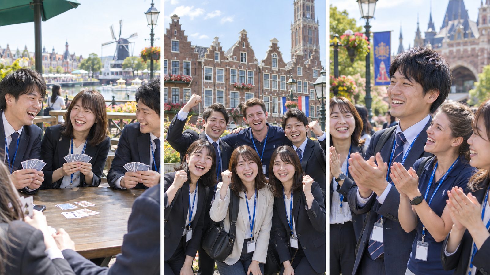 A Japanese corporate team enjoying team-building activities at Huis Ten Bosch