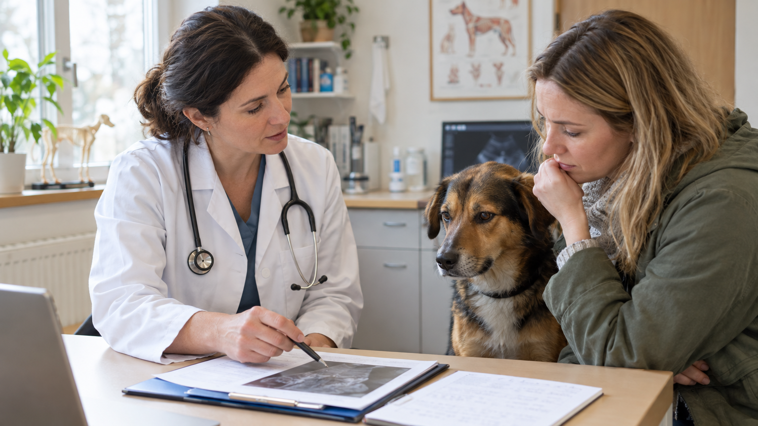 Veterinář vysvětluje majiteli diagnózu psa