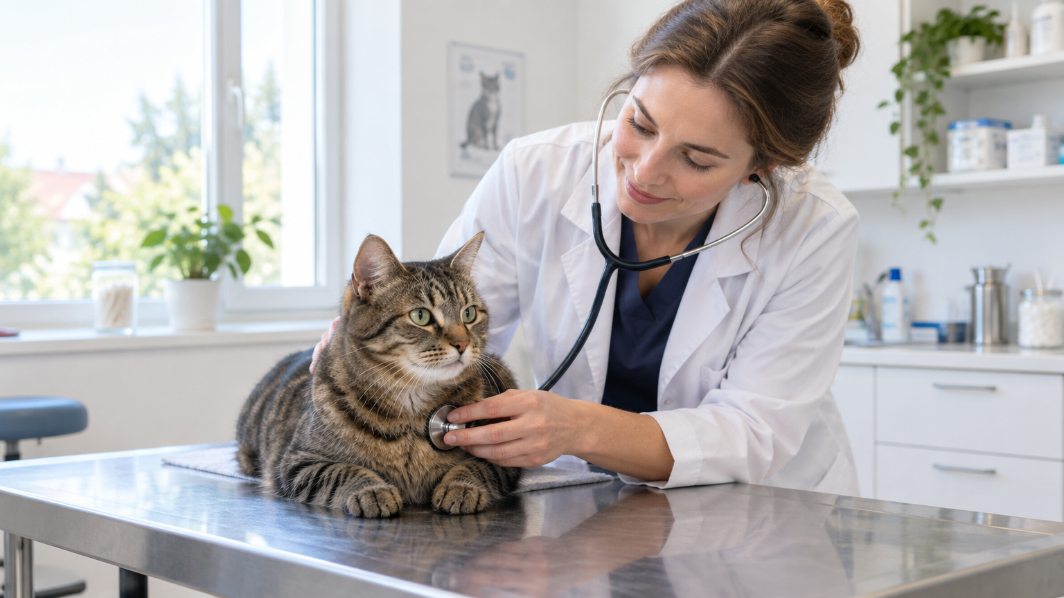 Veterinář vyšetřuje kočku v rámci pojištění léčebných nákladů