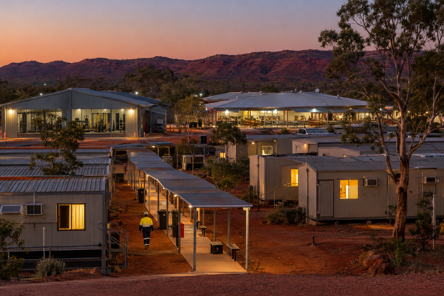 A FIFO mining camp village at dusk with demountable accommodation rooms, mess hall and gym buildings on red dirt in the Australian outback