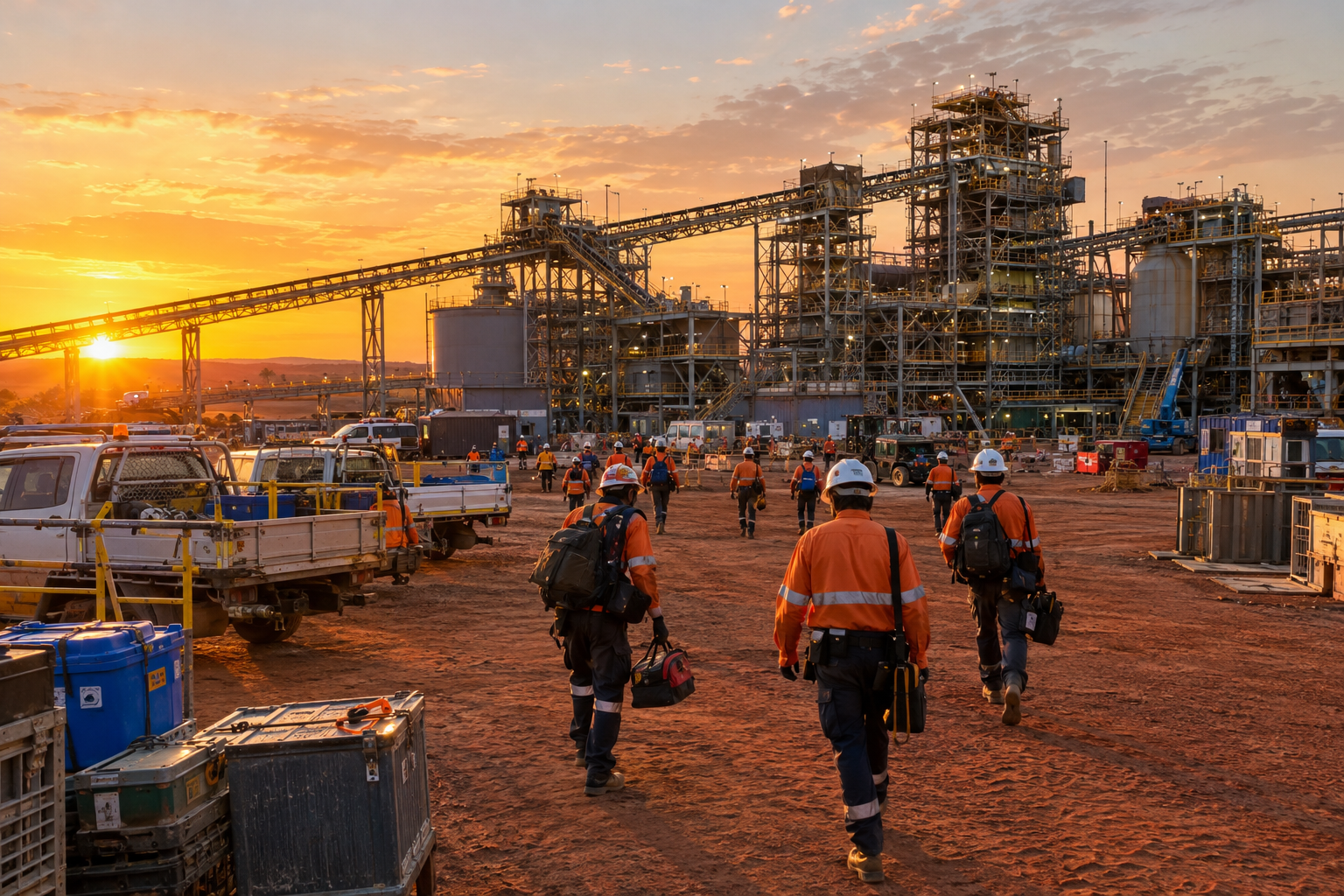 Workers in high-vis and hard hats walking toward a mining processing plant wrapped in scaffolding during a shutdown at sunrise, with utes and equipment on red dirt