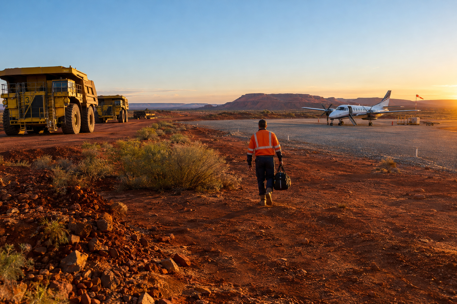 A FIFO worker in high-vis walking toward a charter plane on a mine site airstrip in the Australian outback at sunset