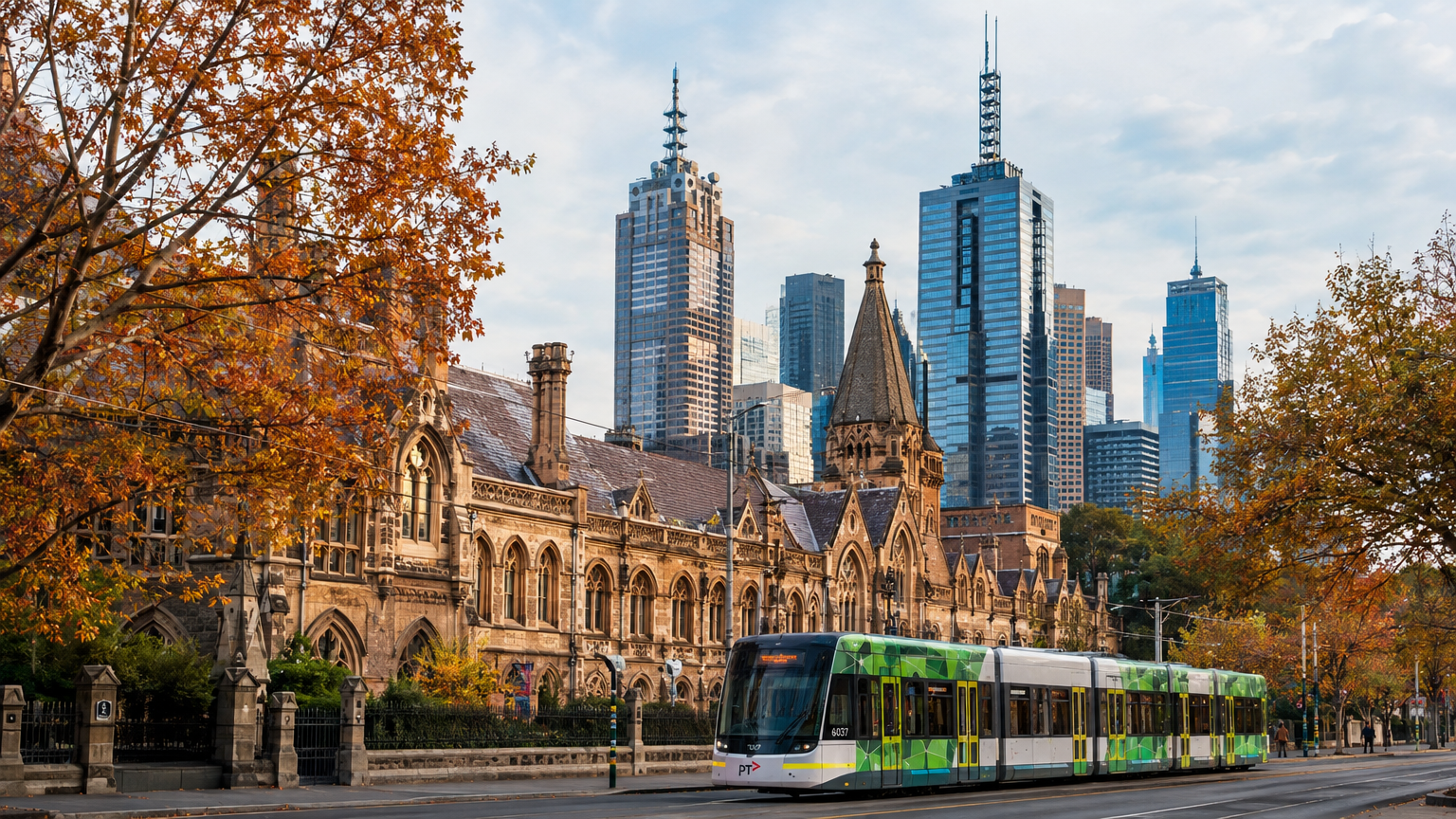 A Melbourne tram passing historic architecture with the city skyline behind