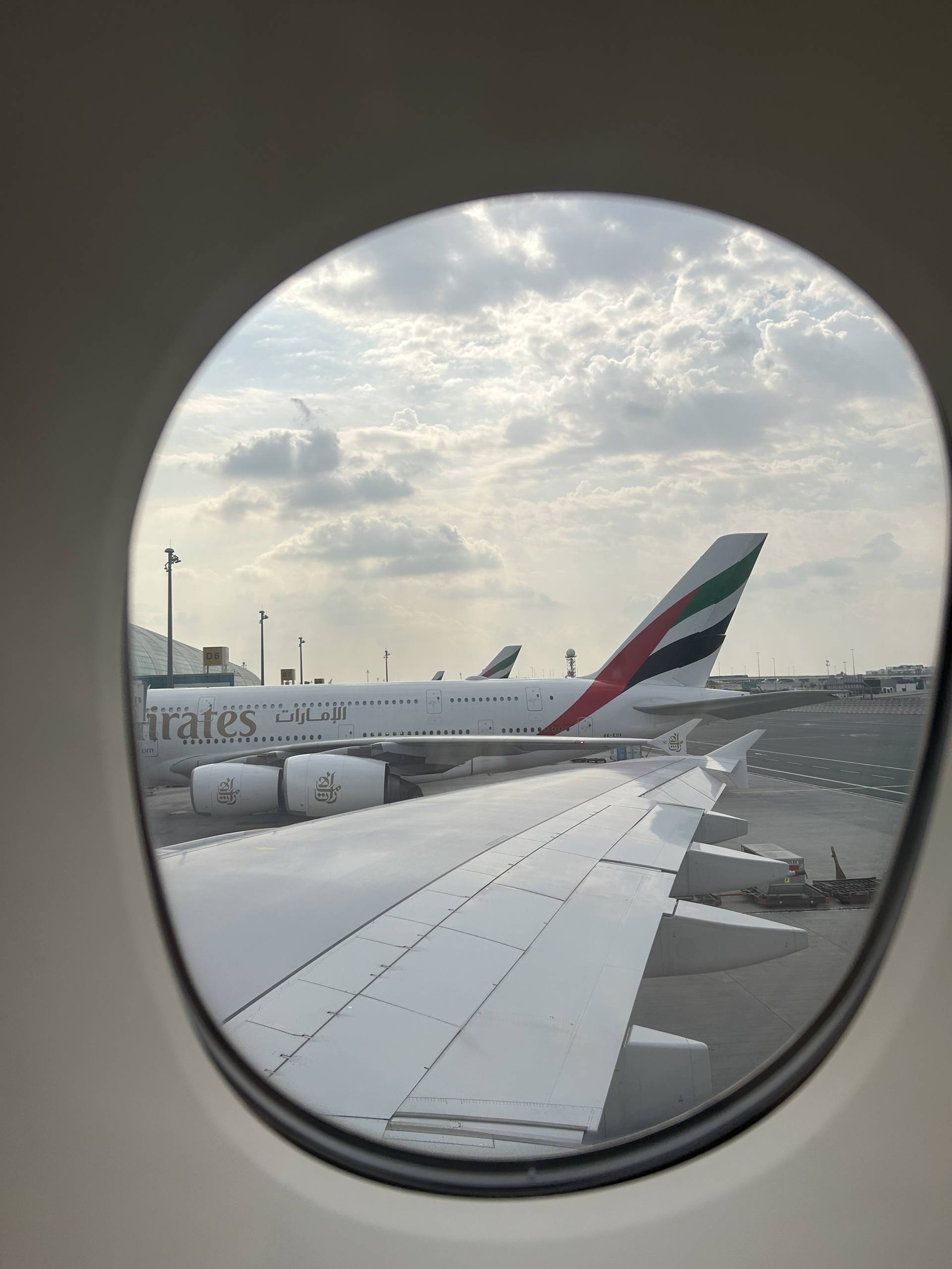 View of the Emirates planes on the runway.