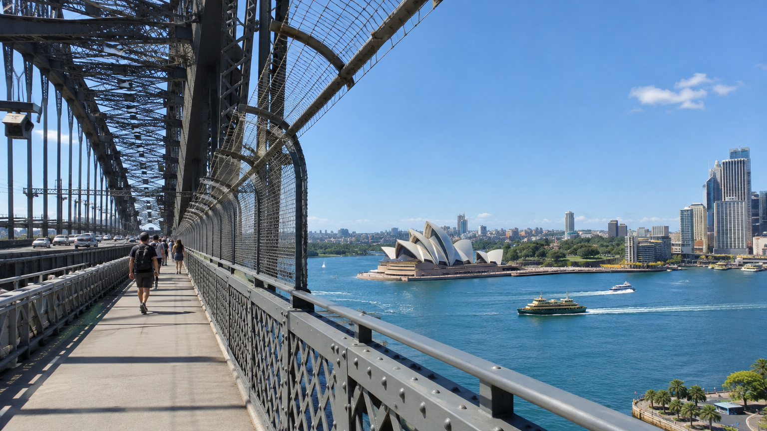 The pedestrian walkway on the Sydney Harbour Bridge with Opera House views