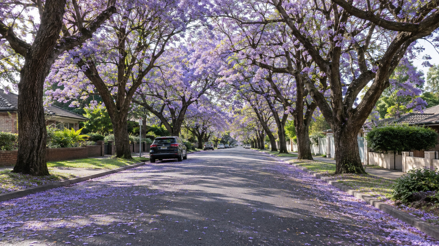 A Sydney street lined with blooming purple jacaranda trees