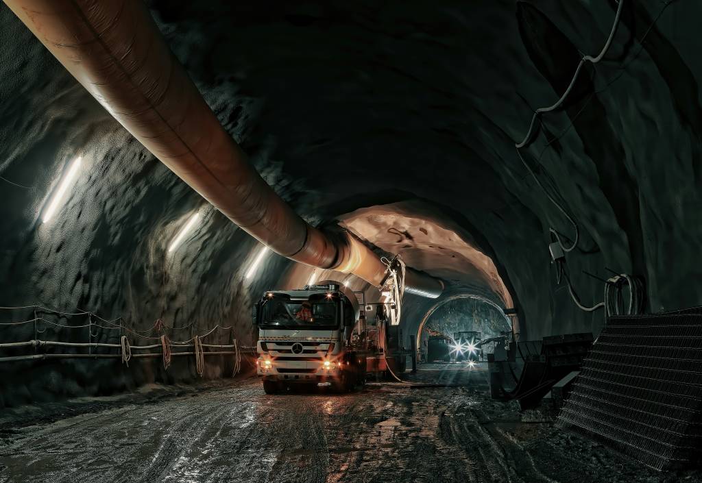 A truck operates in an underground mining tunnel with ventilation systems, representing the challenging environment of FIFO mining jobs no experience required. These entry-level positions offer opportunities for individuals new to the mining industry.