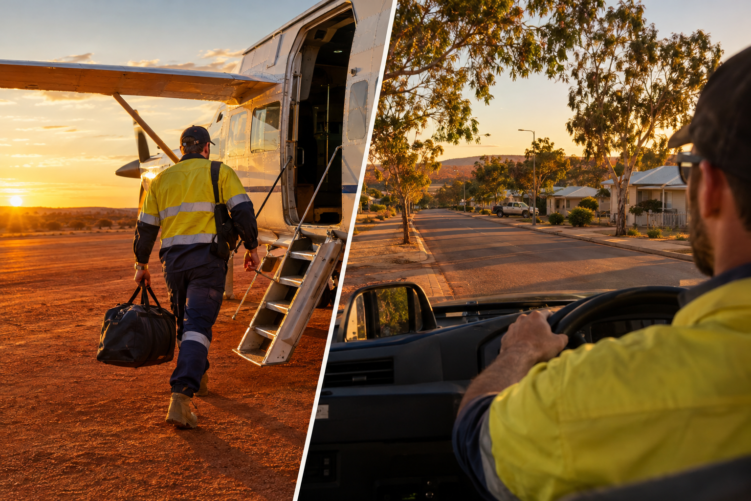 A split image comparing FIFO and residential mining: a worker boarding a charter plane on a mine airstrip, and a mine worker driving home through an outback town at golden hour