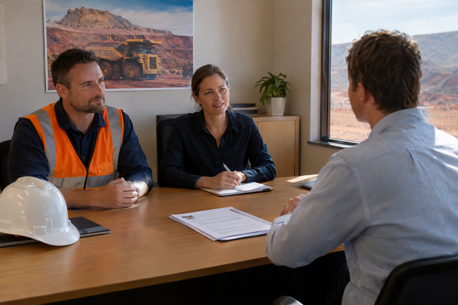 A job candidate meeting two interviewers for a FIFO mining role, one in an orange high-vis vest, with a resume and safety helmet on the desk and a mine site poster behind them