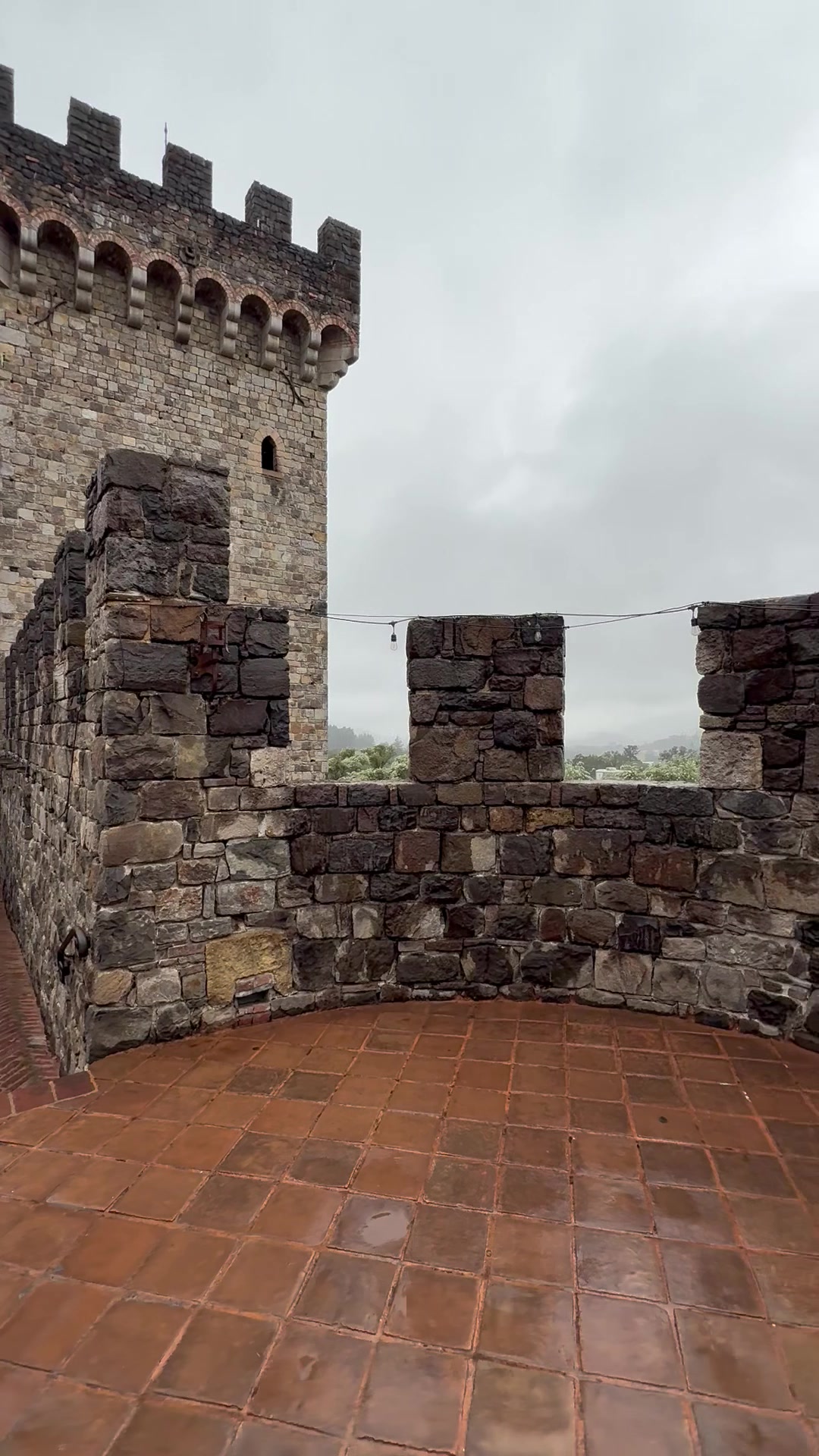 The castle ramparts and towers of Castello di Amorosa overlooking the vineyards