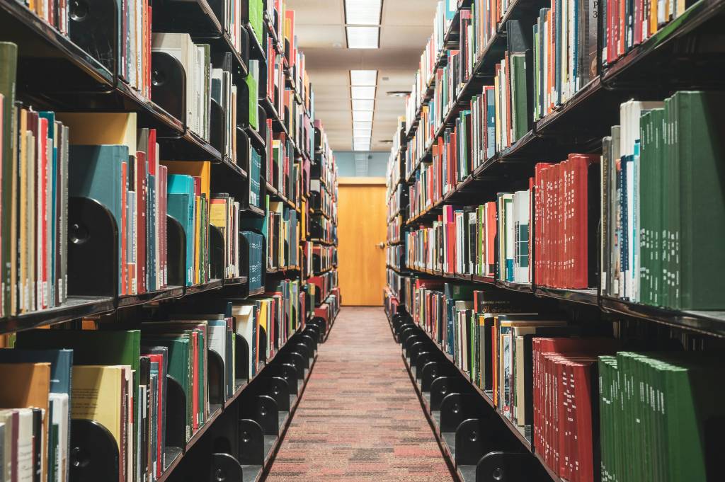 View down a library aisle with tall shelves on both sides filled with colorful books. The perspective leads toward a wooden door at the end of the corridor, with a carpeted floor beneath